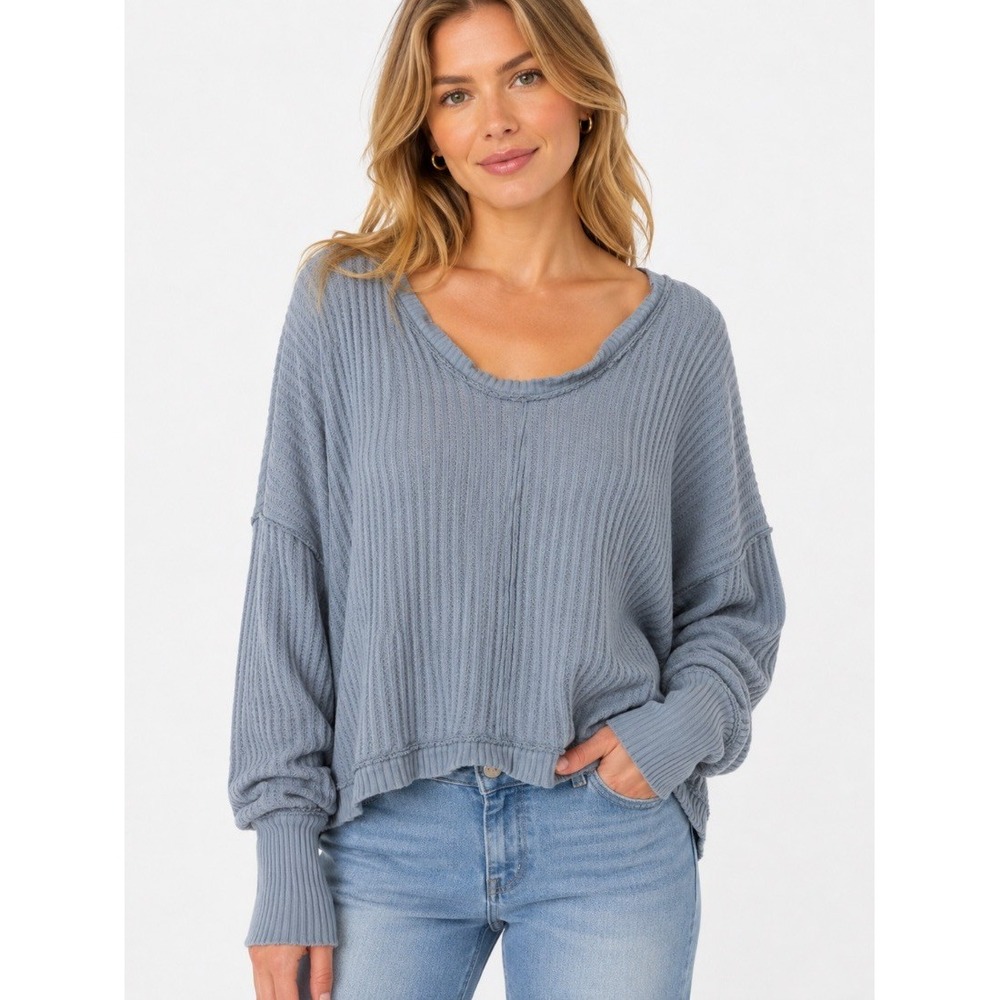 We The Free People Womens Blue Waffle Knit Crop Pullover Sweater Top Large